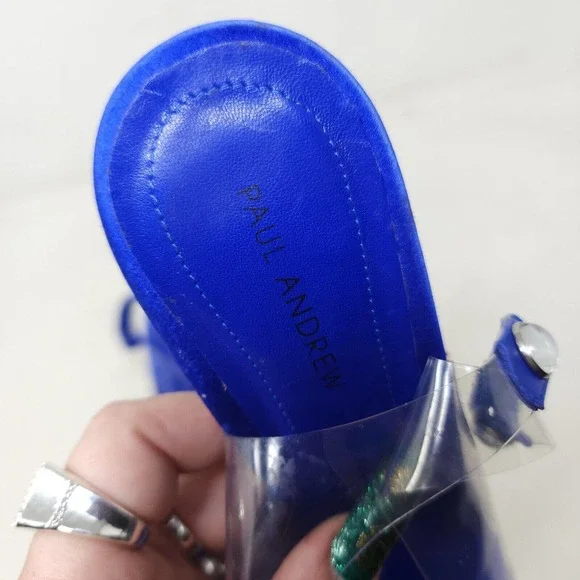 Paul Andrew Womens Heels Serrano Blue Satin PVC Cabochon Peep Toe Slingback 37 7 - Picture 6 of 10